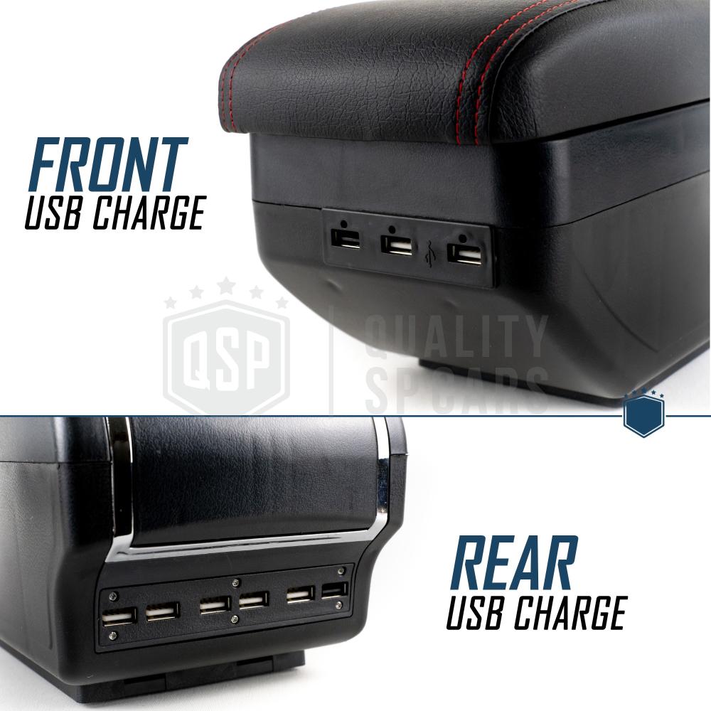 Universal Car Armrest Storage in Black Leatherette, 9 USB Ports, 2 Boxes