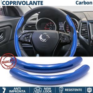 STEERING WHEEL COVER Blue for Ssangyong, Carbon Fiber Effect THIN Non-Slip