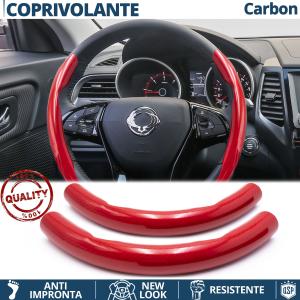 STEERING WHEEL COVER Red for Ssangyong, Carbon Fiber Effect THIN Non-Slip