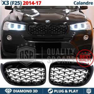 Front GRILLE for BMW X3 F25 (14-17), Diamond 3d Design | Glossy Black Grill Tuning M